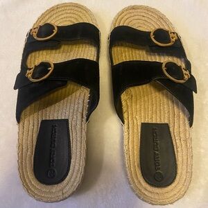 Tory Burch Selby Two Band Black Suede Espadrille Sandals with Gold Buckles